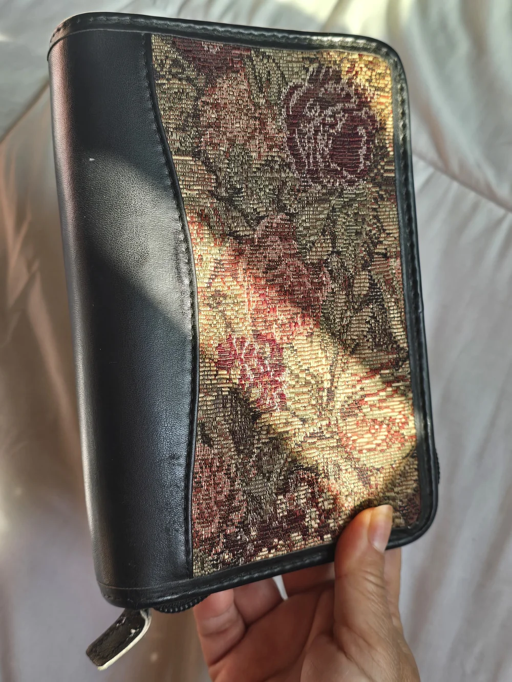 Black Leather Organizer with Floral Tapestry Panel